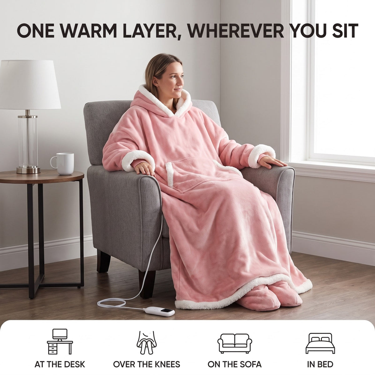 Wearing Heatie in the armchair, feet tucked into the foot pockets